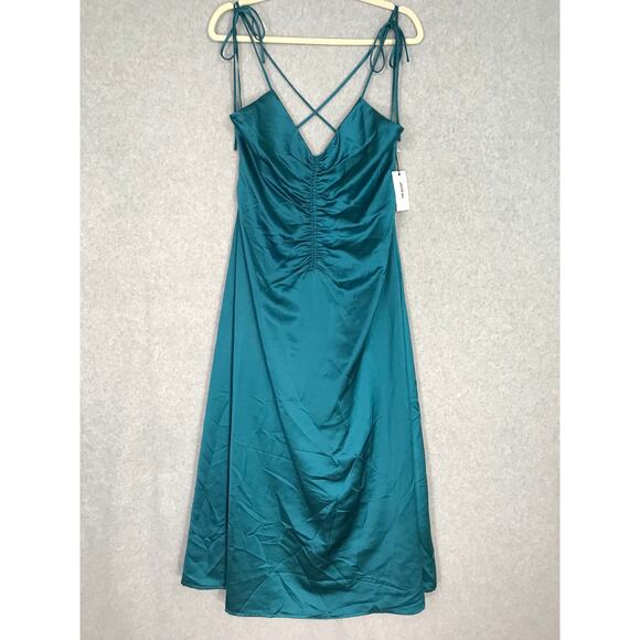 Jason Wu Midi Slip Dress Large Teal Satin Ruched Strappy Silky Criss Cross Back - Picture 1 of 12
